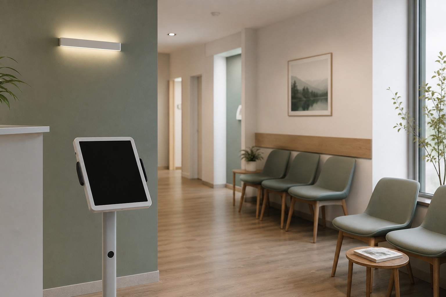Ruhiges Wartezimmer einer Arztpraxis mit Check-in-Tablet — Patientendaten im öffentlichen Raum