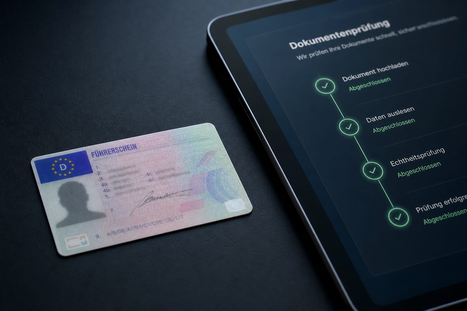 Elektronische Führerscheinkontrolle: Führerschein und digitales Prüfprotokoll auf dem Schreibtisch