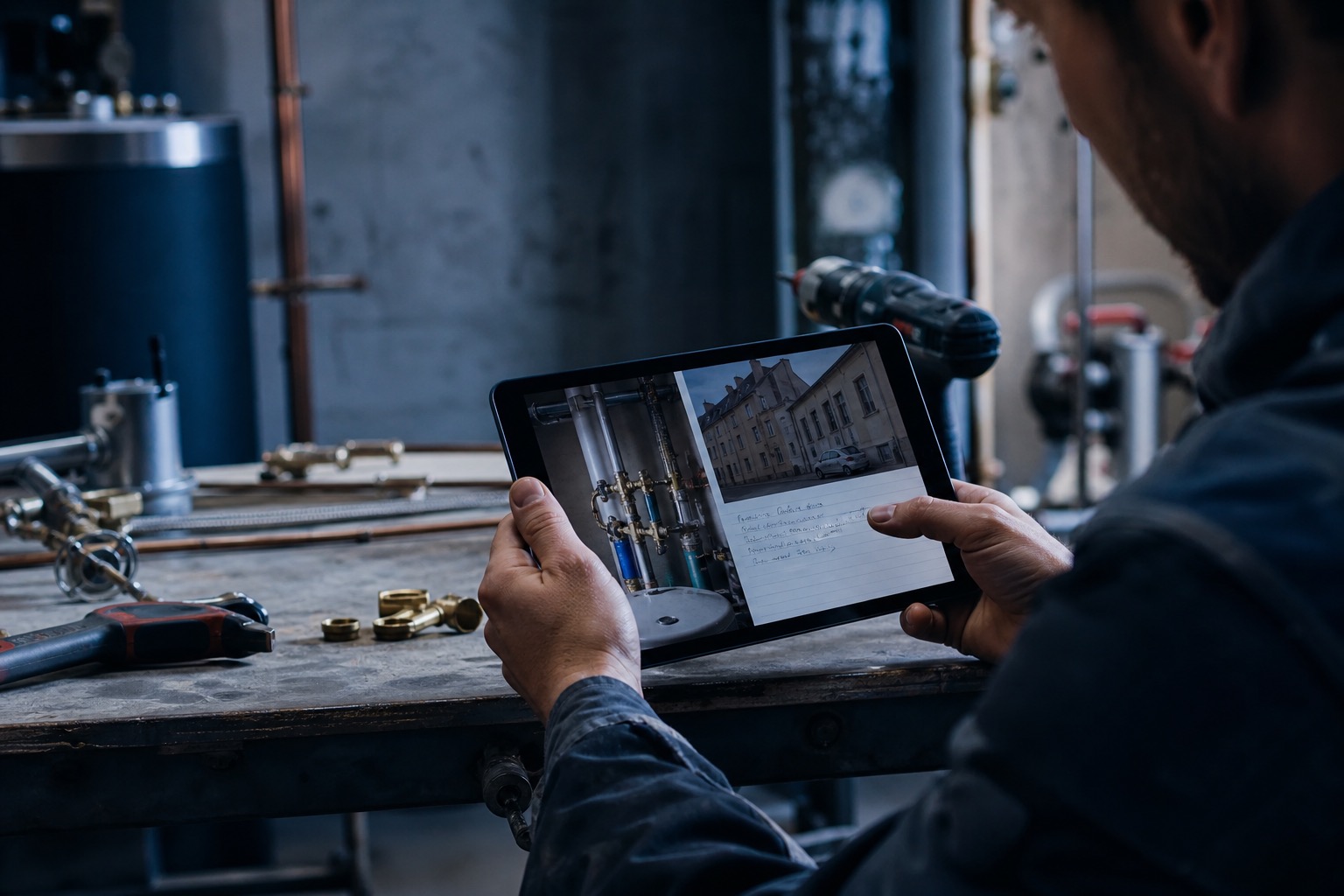 Handwerker prüft Baustellenfotos und Auftragsdaten auf dem Tablet — Dokumentation mit Kundendaten