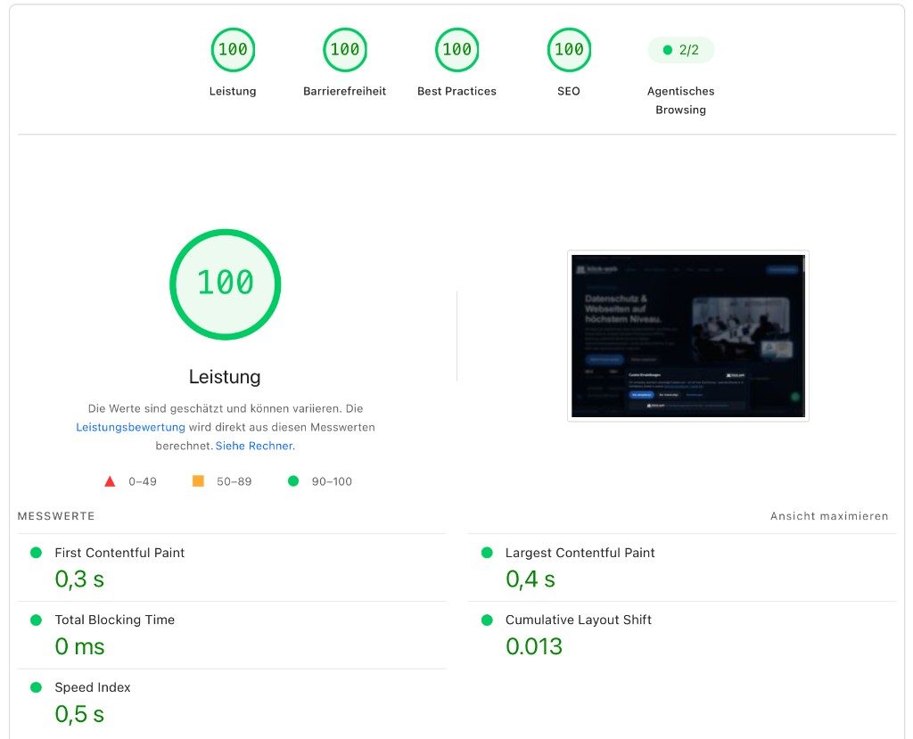 Google PageSpeed Insights: klick-web.de mit 100 Punkten in Leistung, Barrierefreiheit, Best Practices und SEO